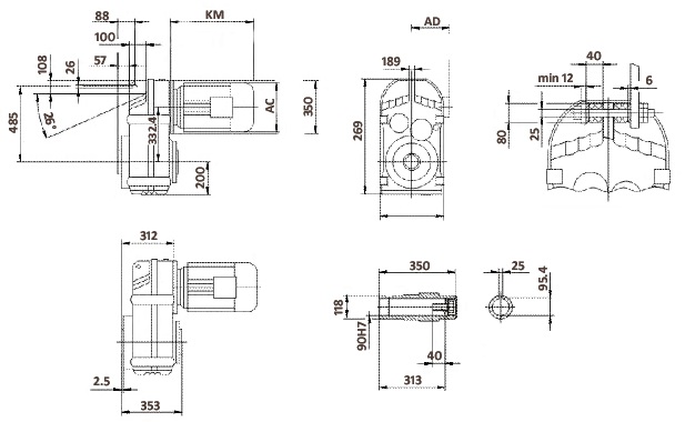 Размеры цилиндрического мотор-редуктора FA107