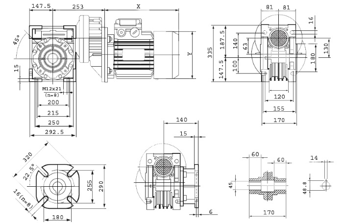 Размеры мотор-редуктора PCRV 080/130